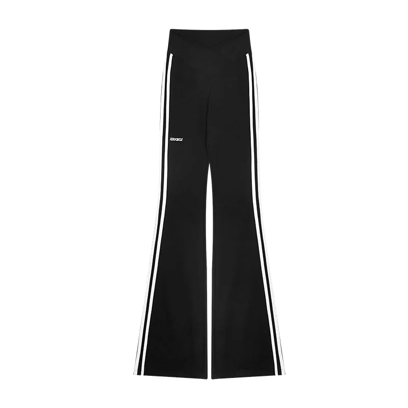 Zerocircle Solid Color Black Side Stripes High V-Waist Slim Micro Flare Yoga Pants