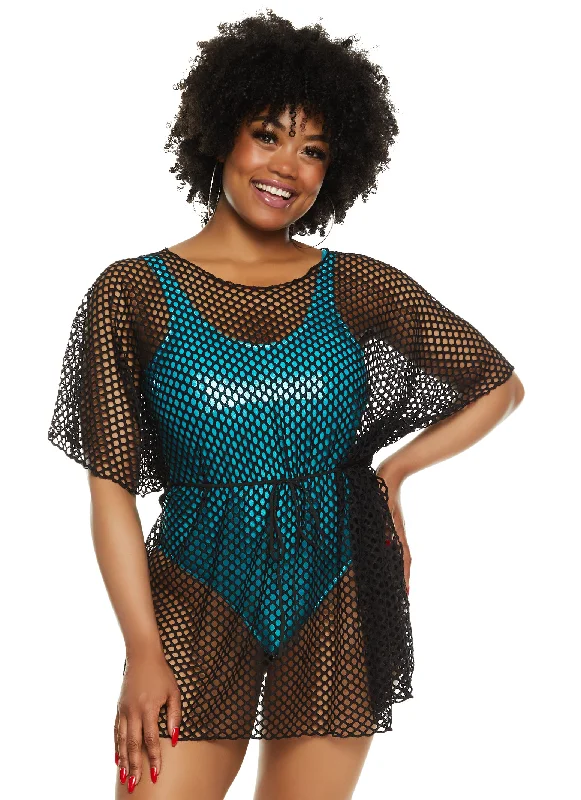 Fishnet Tie Waist Belted Cover Up Top