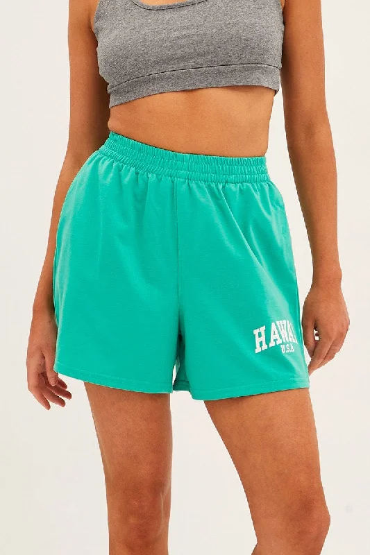 Green Elastic Waist Biker Track Shorts