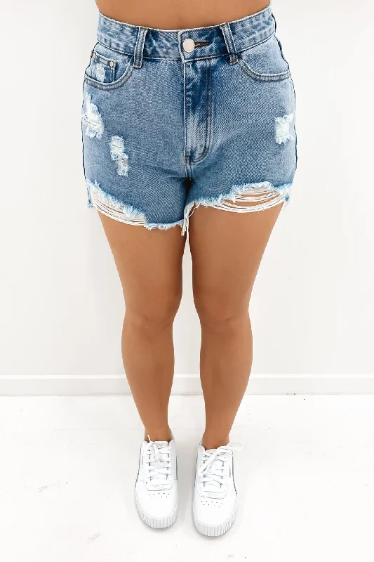 Kaylie Ripped Denim Short Mid Blue