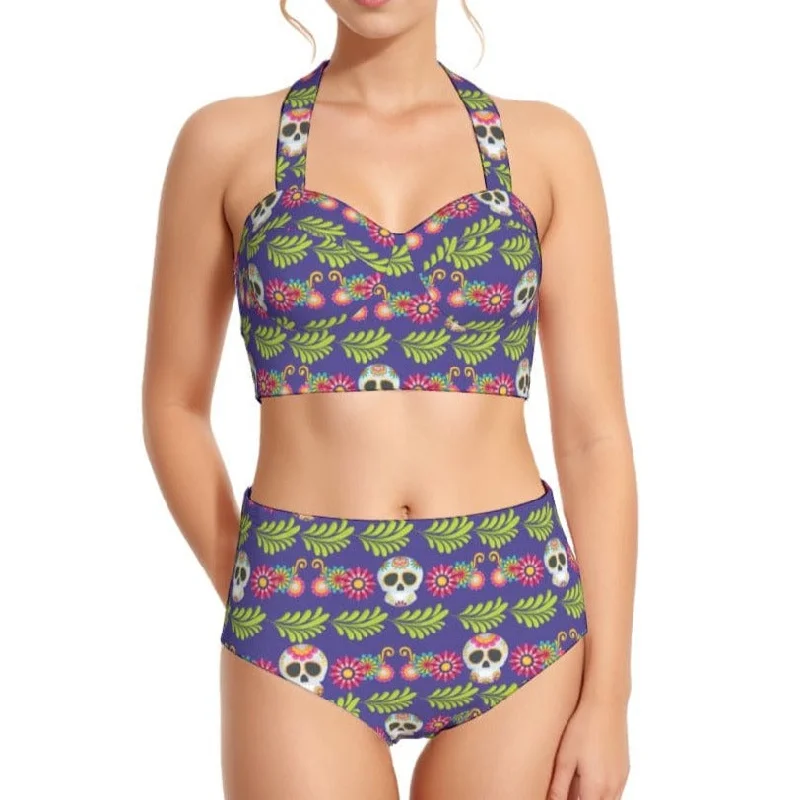 Women's Meican Skull Print Swimsuit Set With Halter