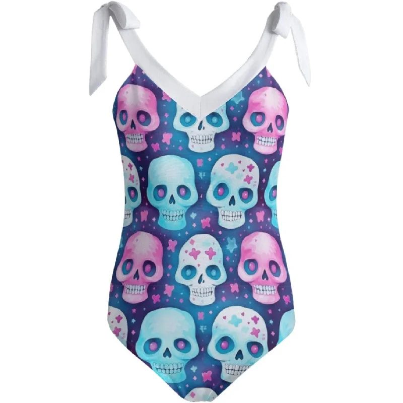 Women's Pink & Blue Skulls Tie Shoulder Onepiece Padded Swimsuit