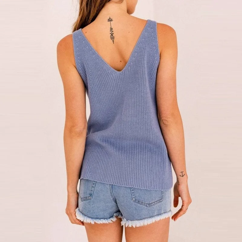 Front & Back Deep  V-Neck Tank Top (Blue)