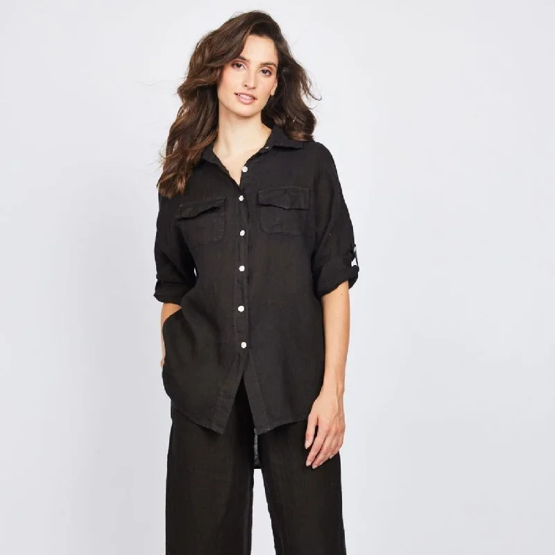 Double Pocket Linen Blouse (Black)