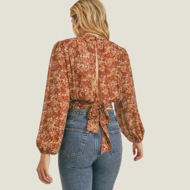 Printed Back Tie Cut Out Blouse (Brown)