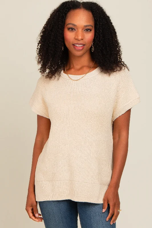 Beige Dolman Short Sleeve Side Slit Sweater Top