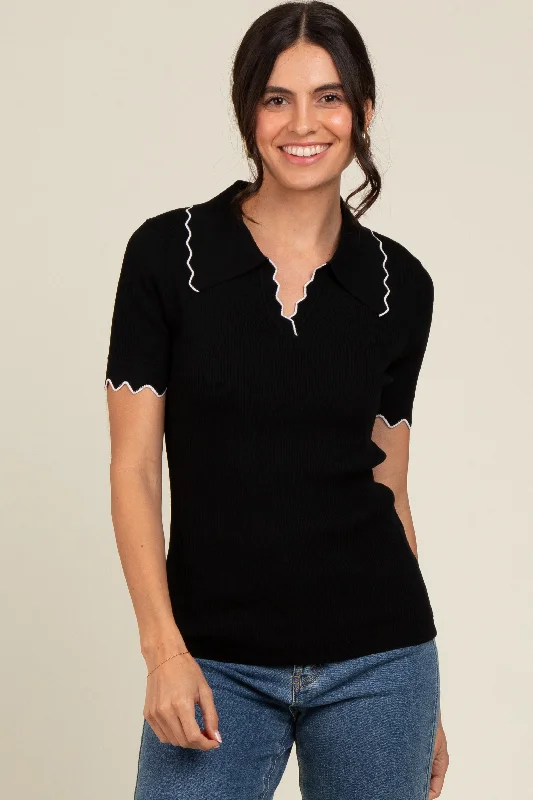 Black Ribbed Scallop Trim Split V-Neck Short Sleeve Top