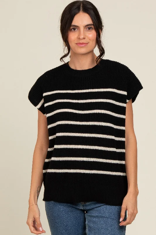 Black Striped Dolman Short Sleeve Sweater