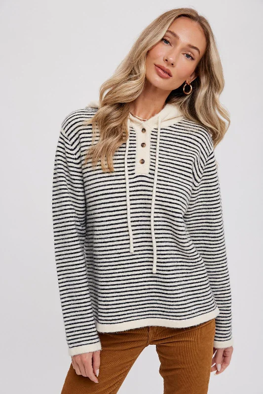 Black Striped Drawstring Hooded Sweater