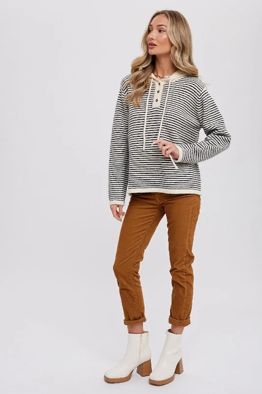 Black Striped Drawstring Hooded Sweater