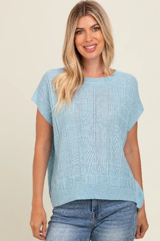 Blue Knit Short Sleeve Sweater Top