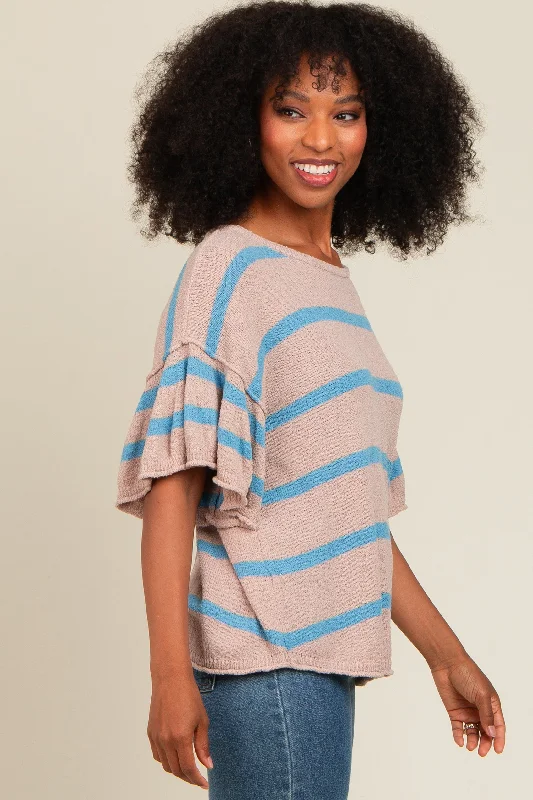 Blue Striped Ruffle Sleeve Knit Top