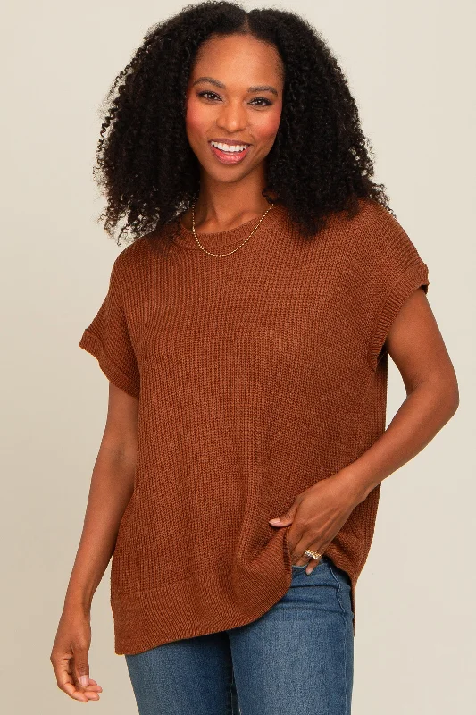 Brown Dolman Short Sleeve Side Slit Sweater Top