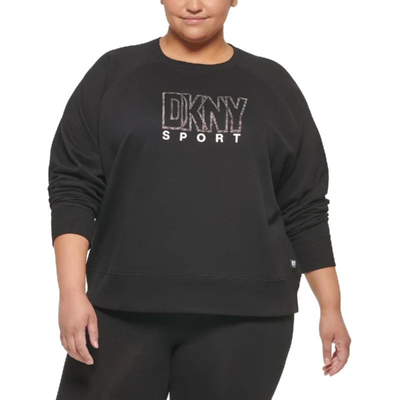 DKNY Sport Womens Plus Rhinestone Logo Crewneck Sweatshirt