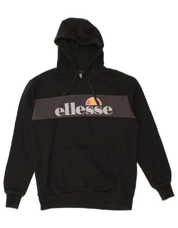 ELLESSE Mens Graphic Hoodie Jumper Small Black Colourblock Cotton