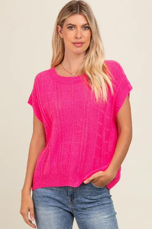 Fuchsia Knit Short Sleeve Sweater Top