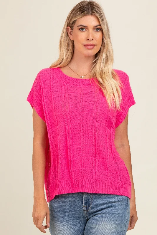 Fuchsia Knit Short Sleeve Sweater Top