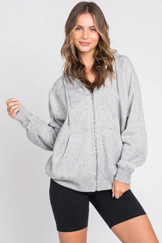 Heather Grey Front Zipper Hooded Sweater