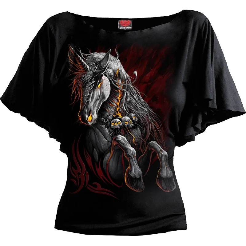 INFERNAL UNICORN - Boat Neck Bat Sleeve Top Black