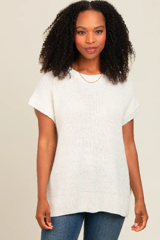 Ivory Dolman Short Sleeve Side Slit Sweater Top