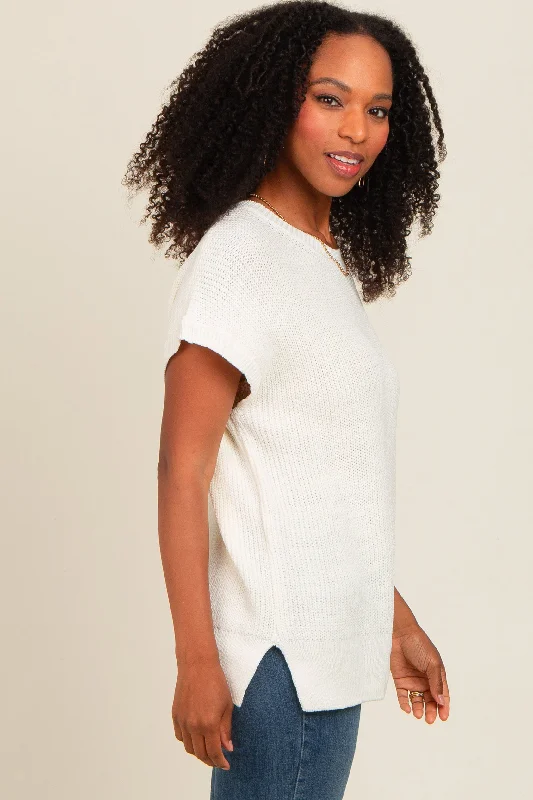 Ivory Dolman Short Sleeve Side Slit Sweater Top