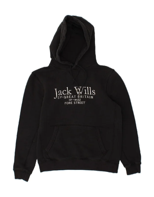 JACK WILLS Mens Graphic Hoodie Jumper Small Black Cotton