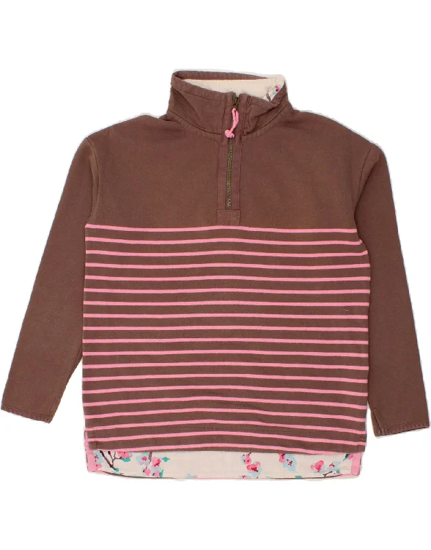 JOULES Womens Zip Neck Sweatshirt Jumper UK 8 Small Brown Striped Cotton