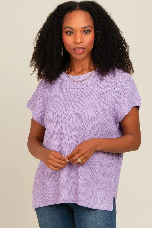 Lavender Dolman Short Sleeve Side Slit Sweater Top