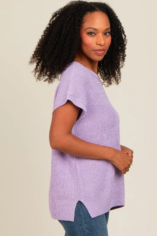 Lavender Dolman Short Sleeve Side Slit Sweater Top