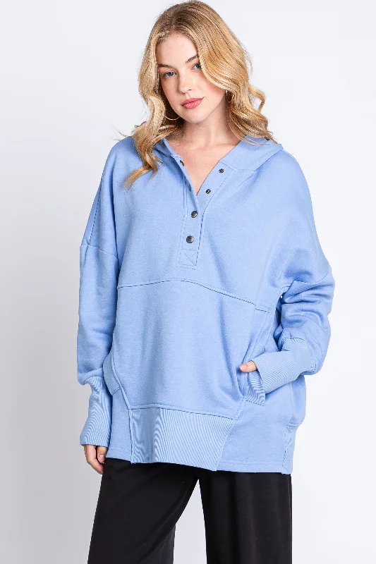 Light Blue Hooded Button Pullover Sweater