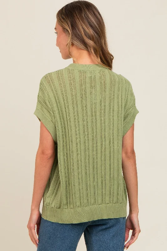 Light Green Crochet Knit Short Sleeve Sweater Top