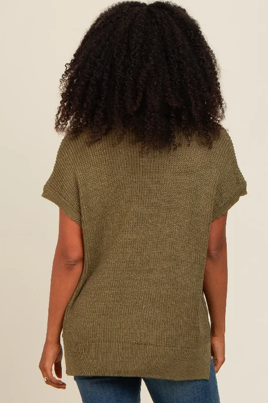 Light Olive Dolman Short Sleeve Side Slit Sweater Top