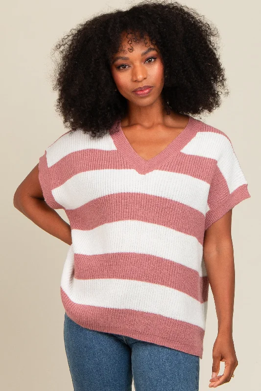 Mauve Striped V-Neck Sweater Top