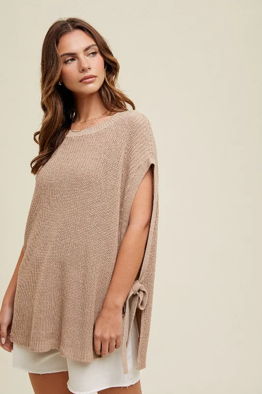 Mocha Chunky Knit Side Tie Sweater Top