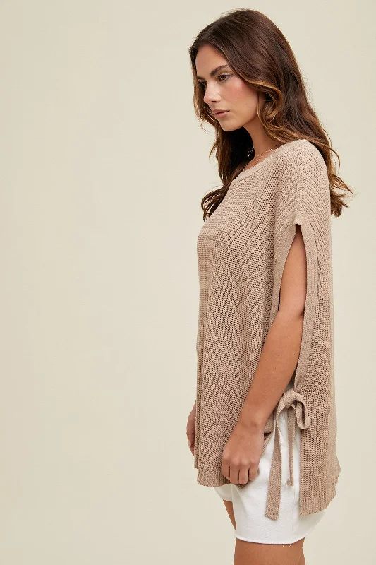 Mocha Chunky Knit Side Tie Sweater Top