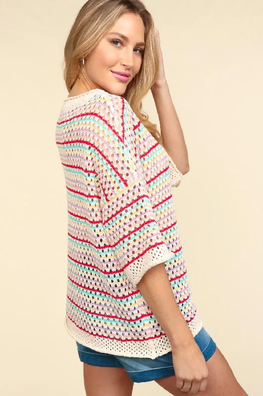 Multi Color Stripe Crochet Sweater Knit Top