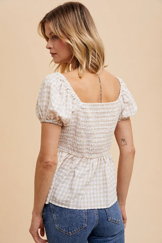 Natural Linen Gingham Babydoll Top