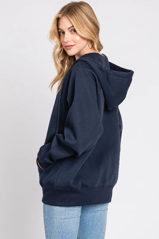 Navy Front Zipper Hooded Sweater