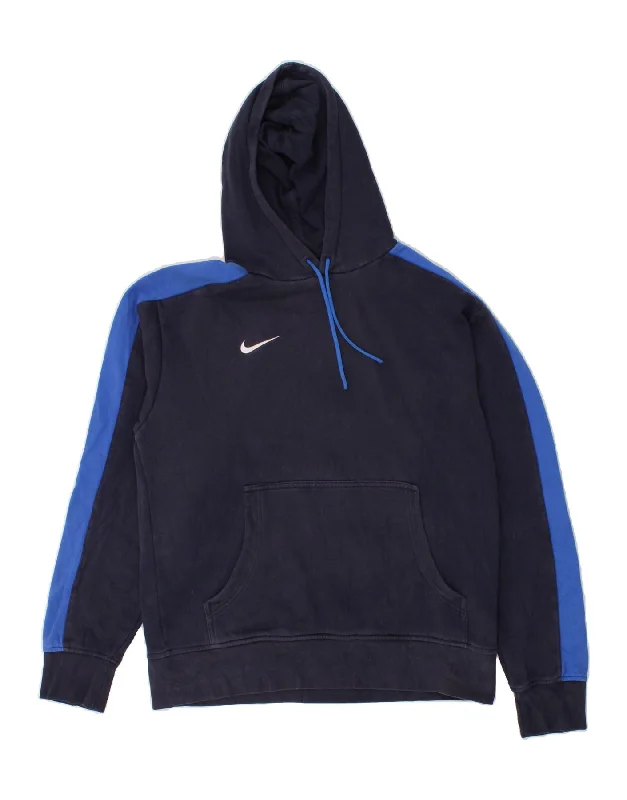 NIKE Mens Dri Fit Graphic Hoodie Jumper UK 42/44 Large Navy Blue Cotton