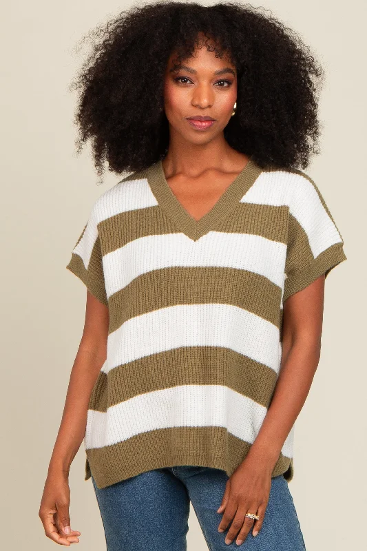 Olive Striped V-Neck Sweater Top