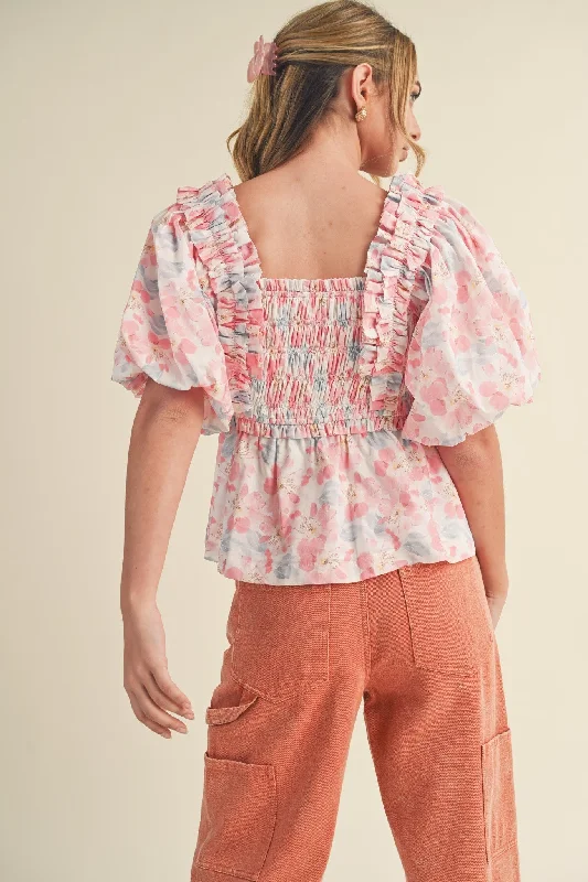 Pink Multi Floral Ruffle Trim Smocked Puff Sleeve Top