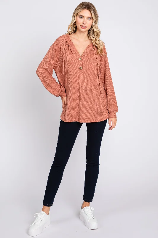 Rust Button Accent Hooded Henley Top