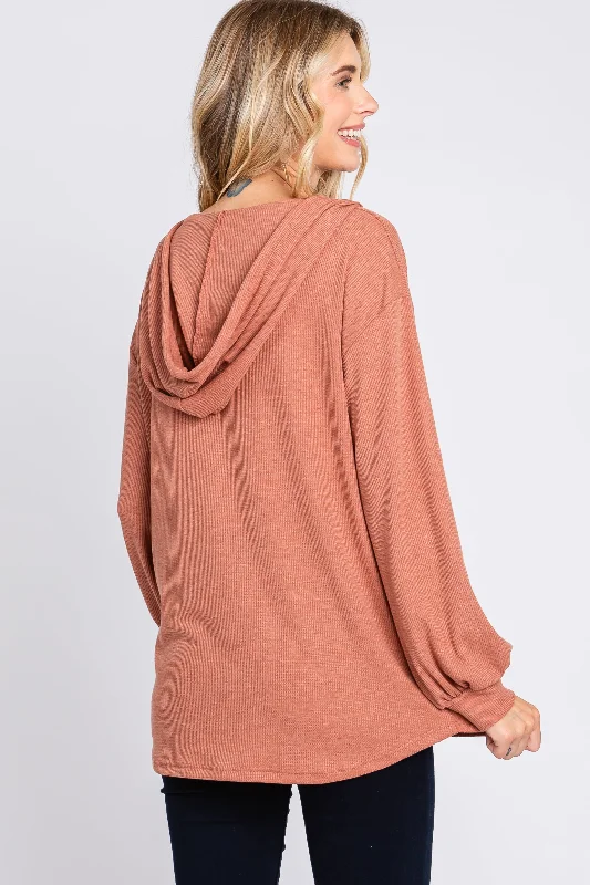 Rust Button Accent Hooded Henley Top