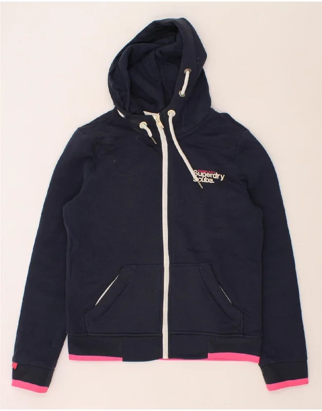 SUPERDRY Womens Zip Hoodie Sweater UK 16 Large Navy Blue Cotton