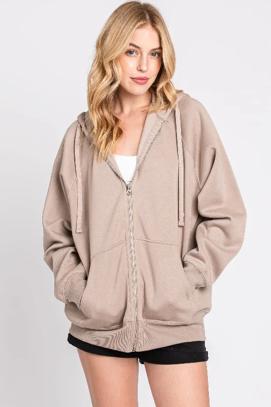 Taupe Front Zipper Hooded Sweater