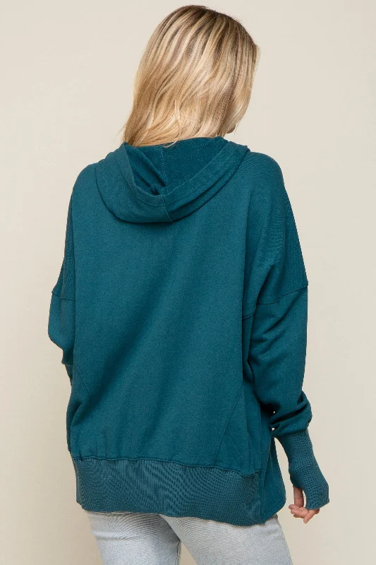 Teal Button Front Ribbed Trim Hooded Sweatshirt