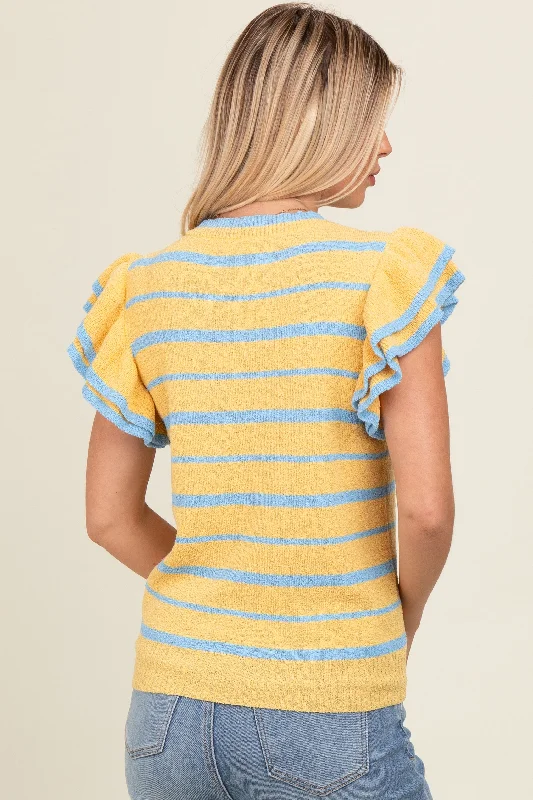 Yellow Striped Ruffle Sleeve Sweater Top