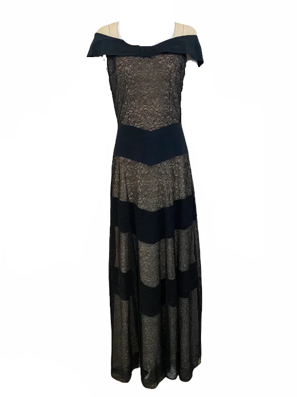 40s Black as Night Noirish Faille and Lace Evening Gown Tunics Sophisticated sleek