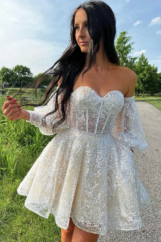 A-Line Ivory Sweetheart Puff Sleeve Short Party Dress Tunics Recommended stylist