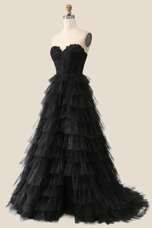 Black Appliques Tulle Tiered Ruffles Long Party Dress Tunics Handmade artisanal